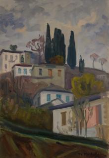 Zagora Sunset with Cypresses — Oil painting, Canvas, 38.00×55.00cm — Theodoros Markellos